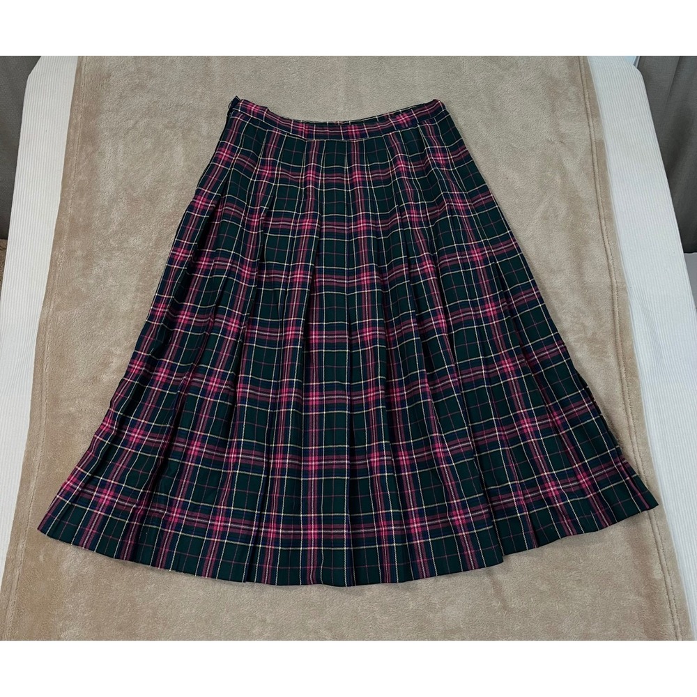Vtg Pendleton Wool Skirt Suit Set Women 16 Green Pink Plaid Blazer Pleated Skirt - Picture 15 of 16